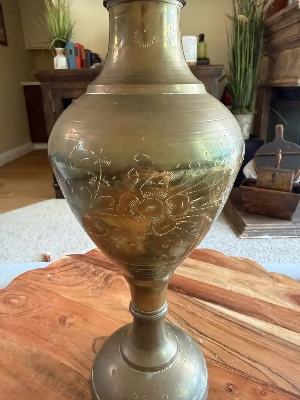 Vintage Tall Handmade Brass Etched Engraved Vase w/Wavy Rim India 23.75”